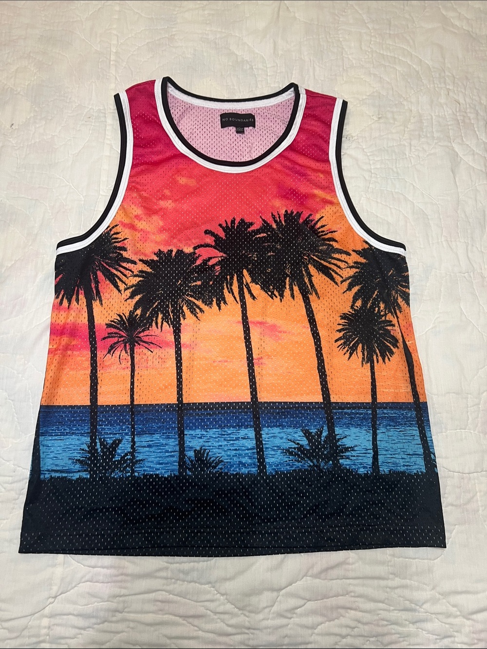 No Boundaries Men's Palm Sunset Swim Tank - Pink Orange Blue Black Trim